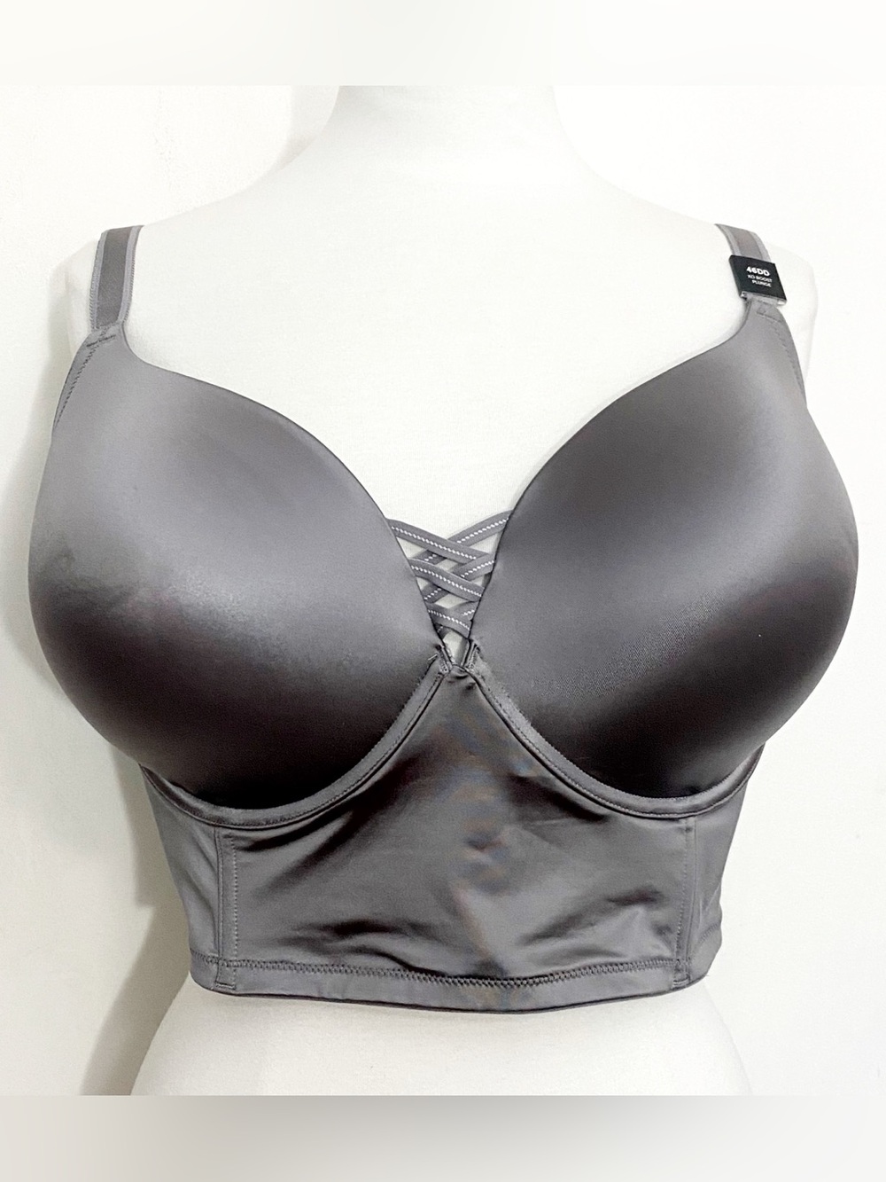 Torrid NWT Gray Satin Boost Plunge Longline Bra Front Detail 46DD